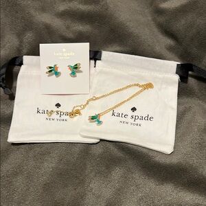 Hummingbird Kate Spade Green and Gold Color Necklace and Earrings Set NWT